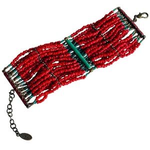 Satellite Paris signed beaded Bracelet Natural Red Coral Seed beads BOHO Multi